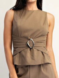 Mocha Buckle Trim Ruched Sleeveless Top
