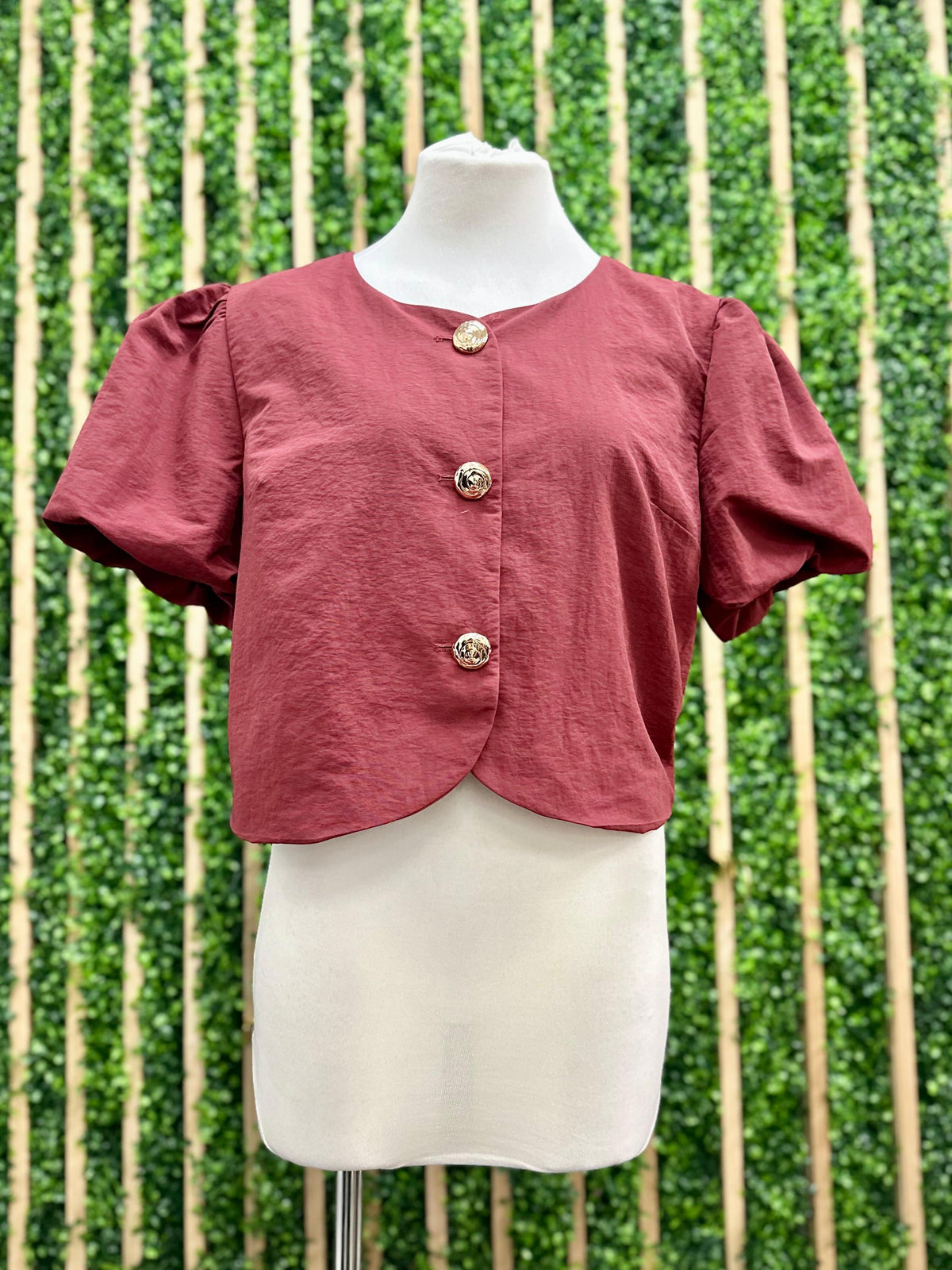 Wine Balloon Sleeve Crop Blouse