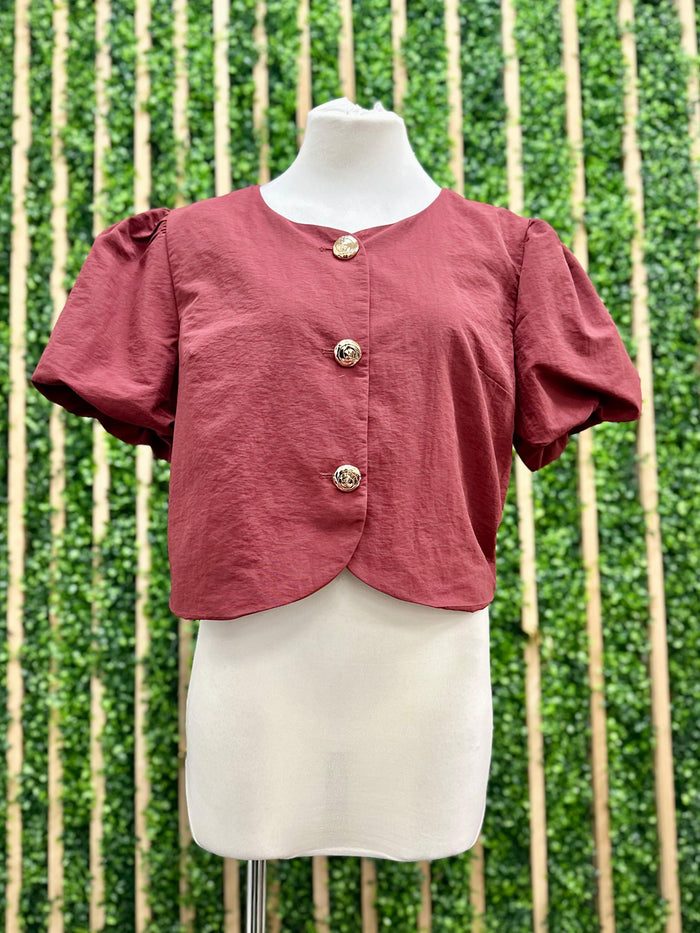Wine Balloon Sleeve Crop Blouse