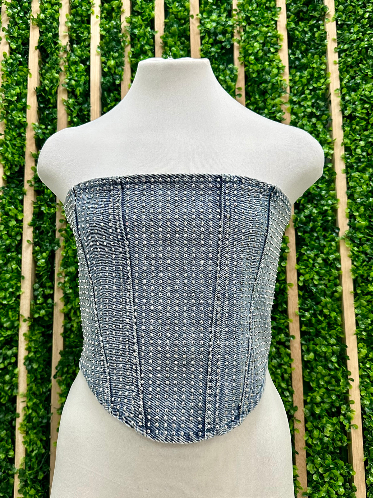 Rhinestone Detail Denim Crop Tube Top