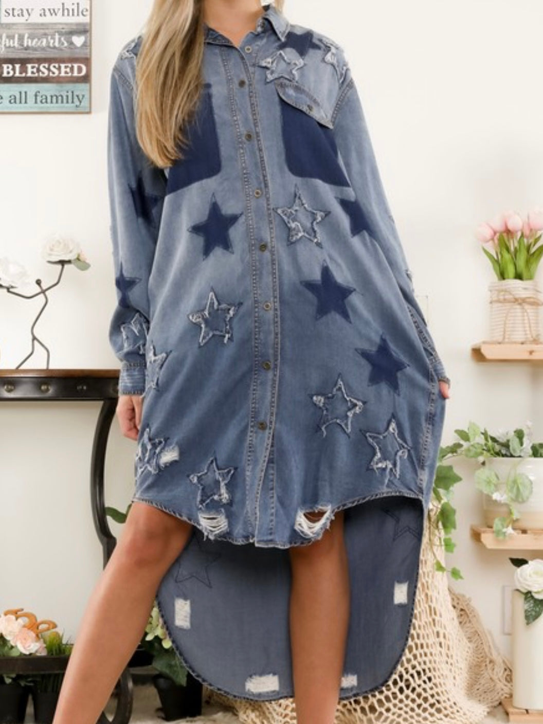 Star Patch Detail Button Down Denim Dress