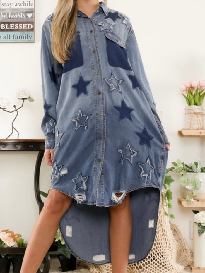 Star Patch Detail Button Down Denim Dress