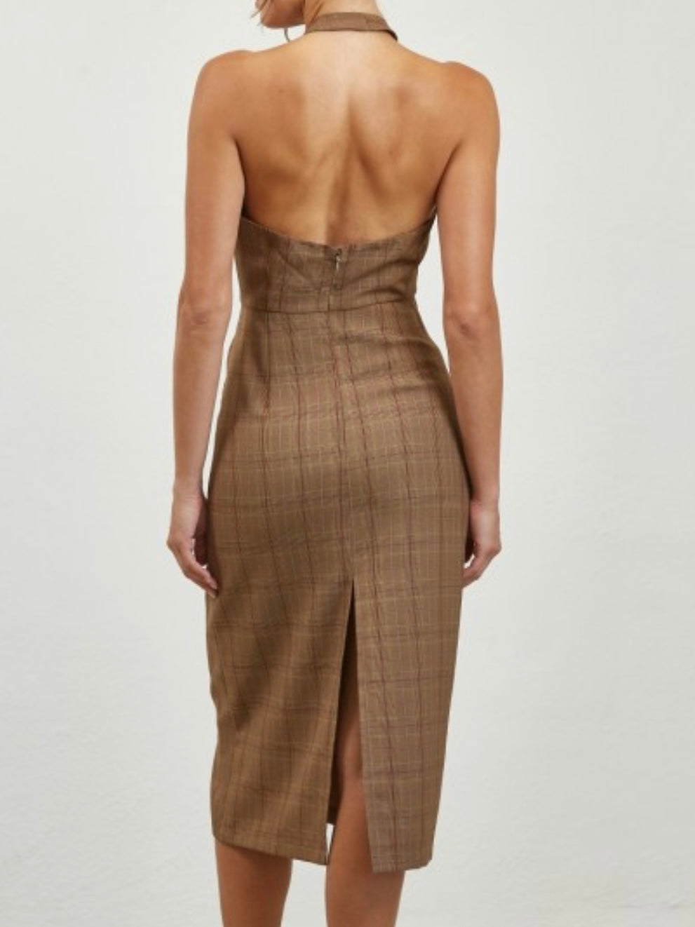 Brown Plaid Halter Midi Dress