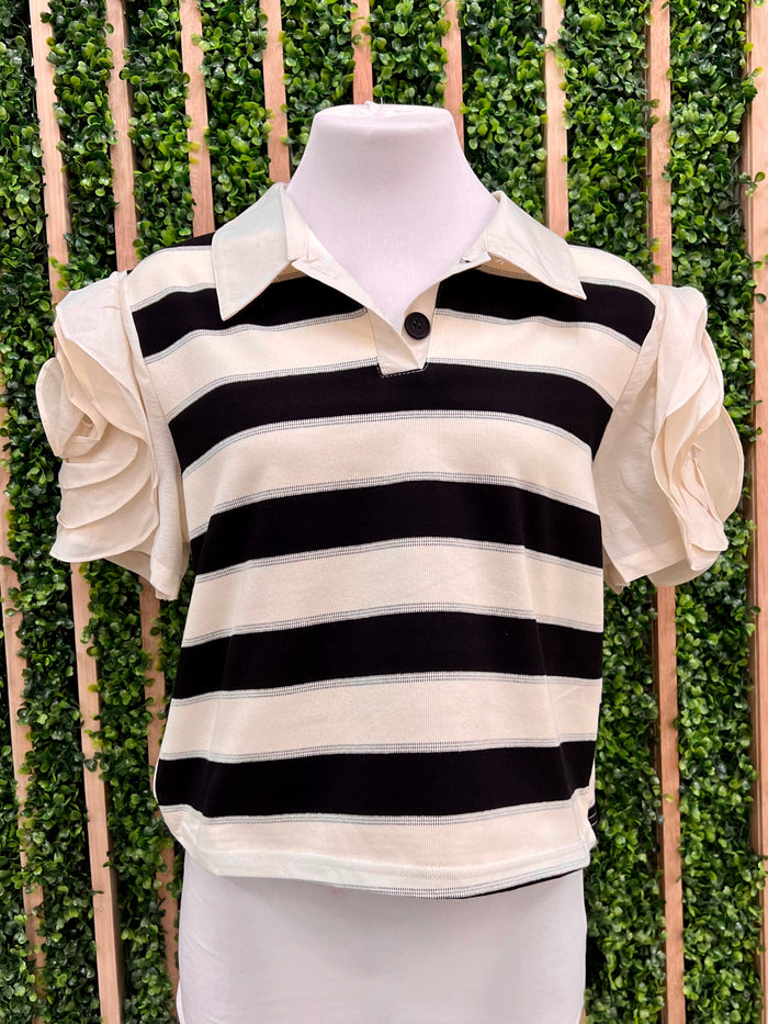 Black White Flower Sleeve Polo Top