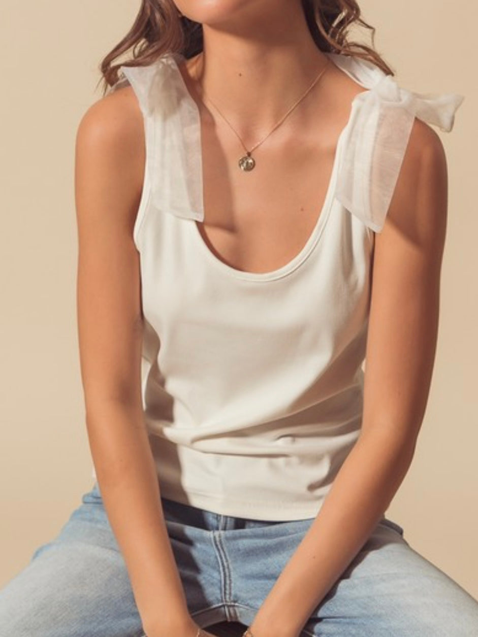 Off White Organza Tie Basic Top