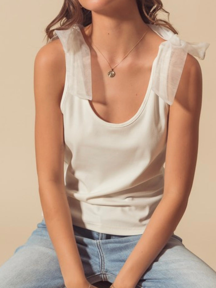 Off White Organza Tie Basic Top