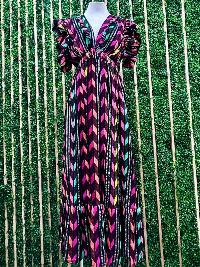 Exquisite Black Neon Metallic Ruffled Maxi Dress