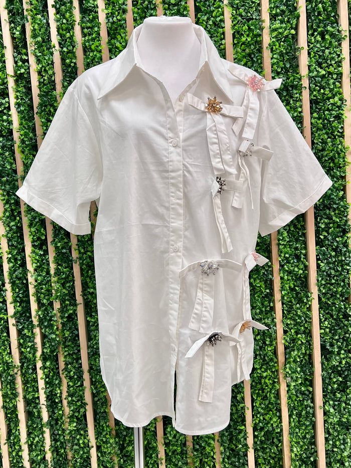 White Embellished Bow Detail Blouse