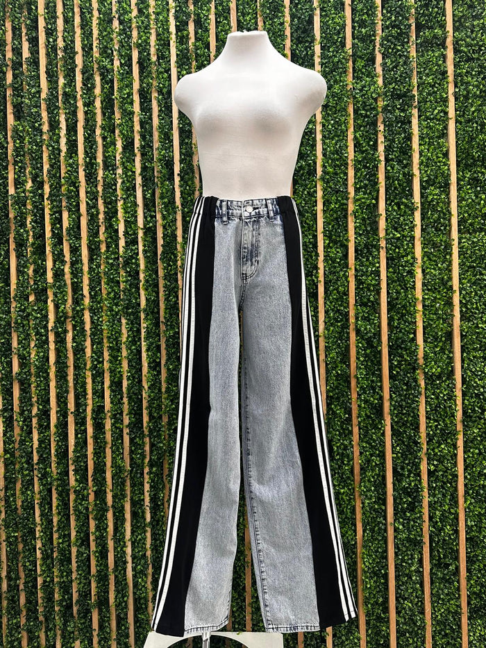 Black Track Trim Wide Leg Denim