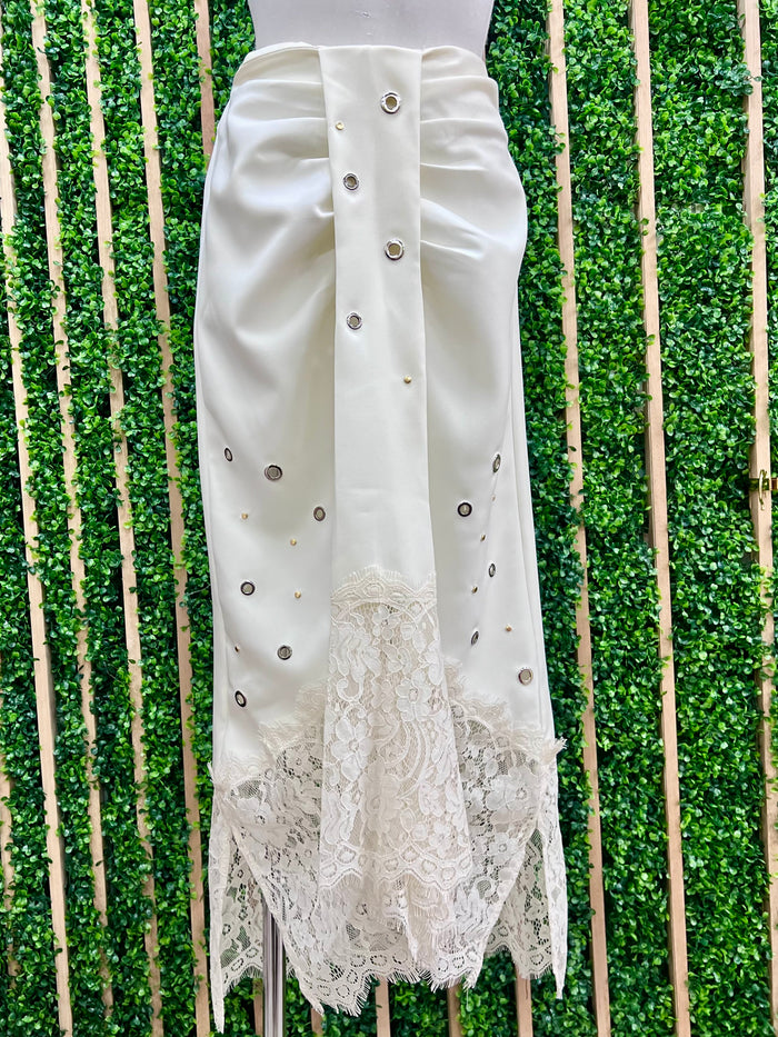 Grommet Lace Detail Midi Skirt