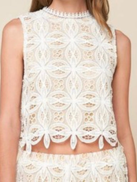 White Lace High Neck Crop Top