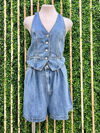Washed Denim Halter Cutout Romper