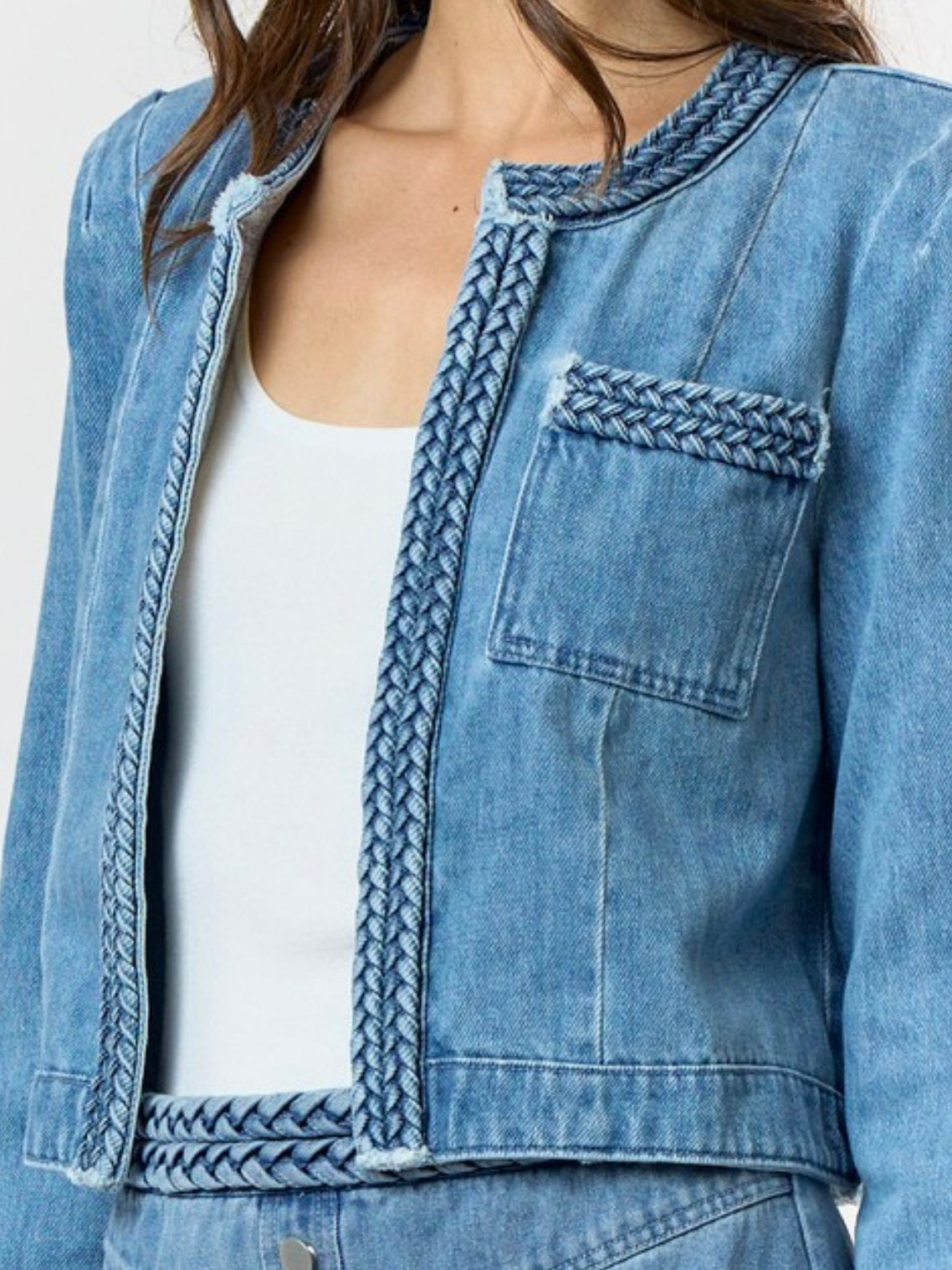 Braided Trim Denim Open Jacket
