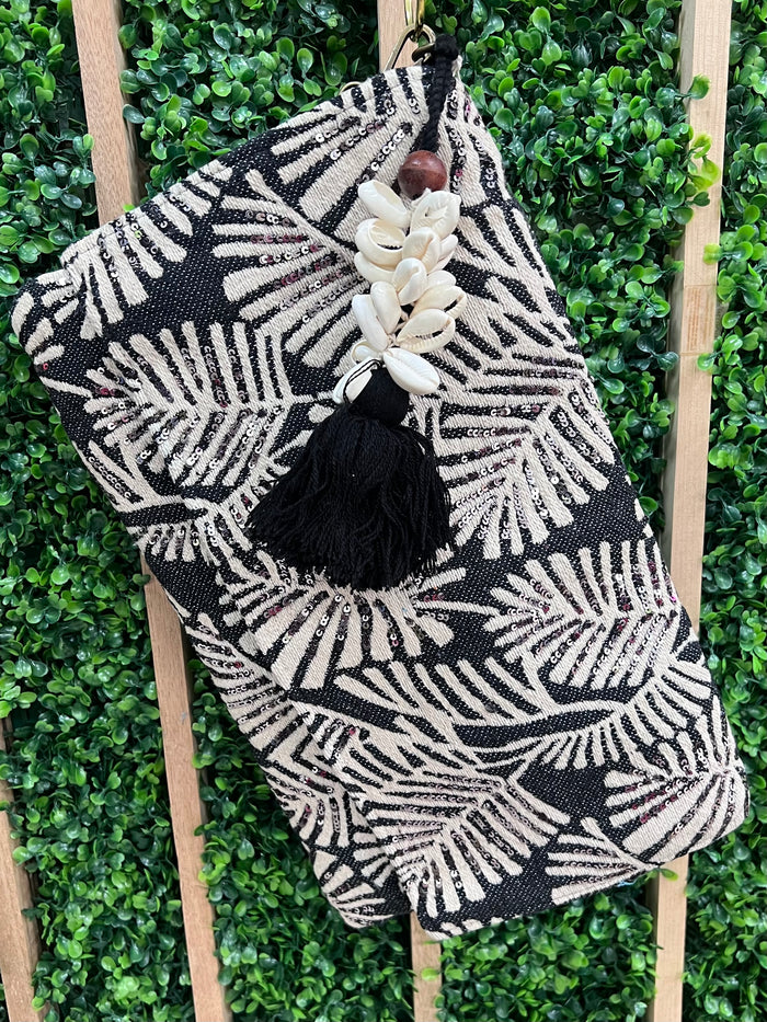 Exquisite Monstera Sequin and Shell Tassel Clutch Bag
