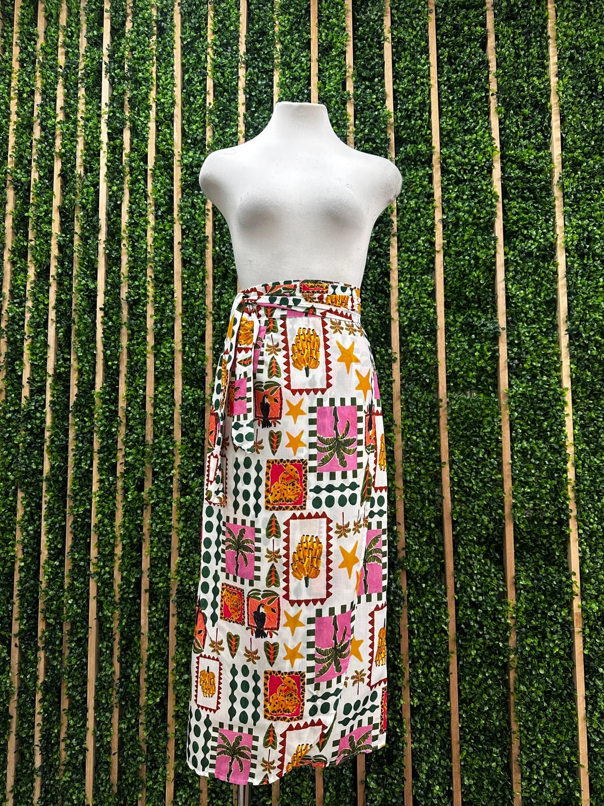 Ivory Tropical Print Wrap Midi Skirt