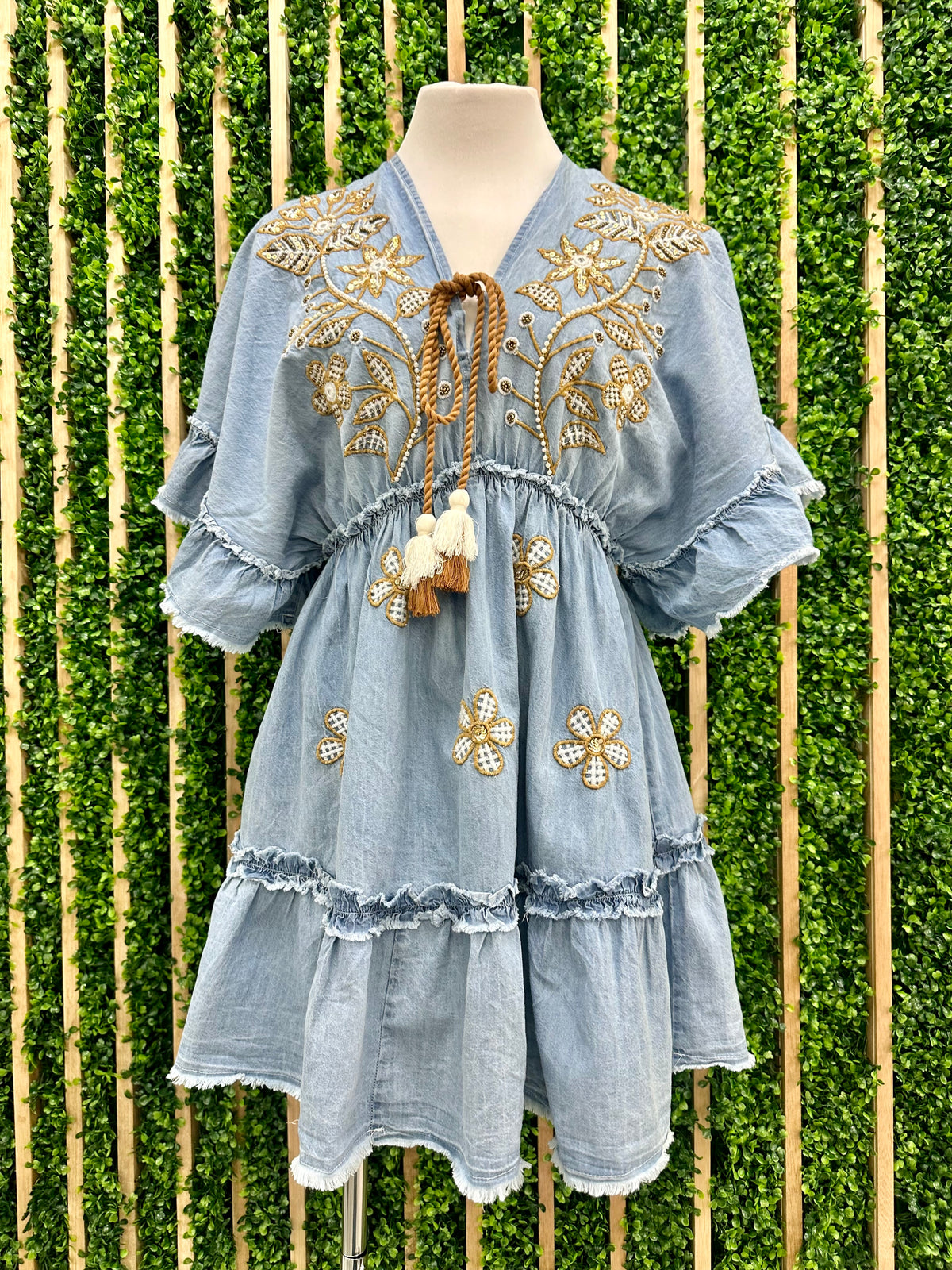 Denim Embroidered Kimono Short Dress