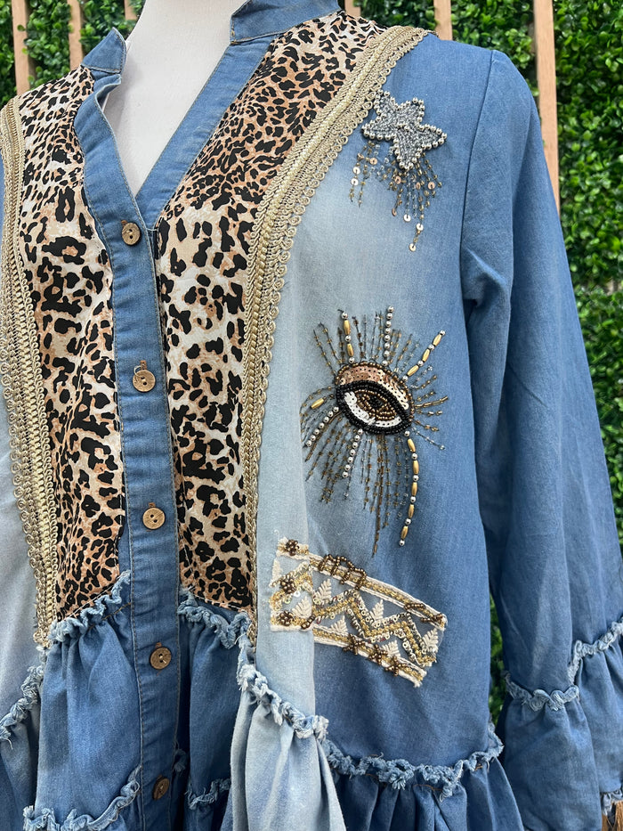 Exquisite Denim Animal Print Fringe Detail Short Dress