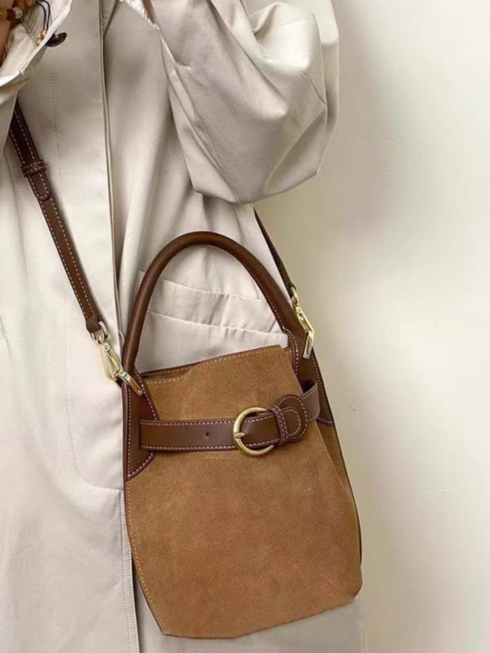 Brown Velvet Belted Bucket Bag