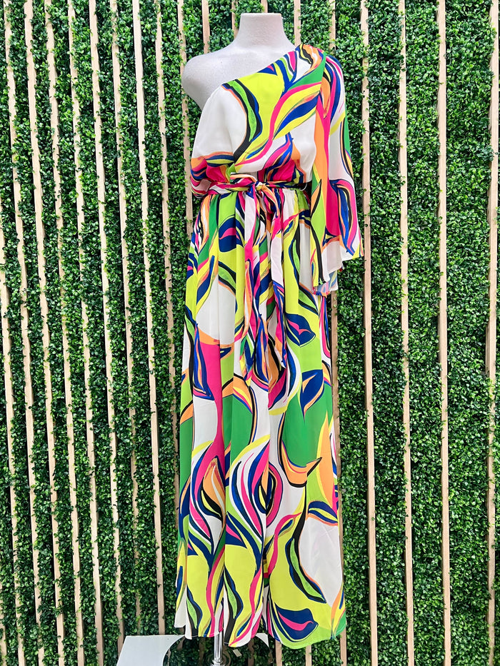 Beautiful Ivory Green Floral One Shoulder Dress