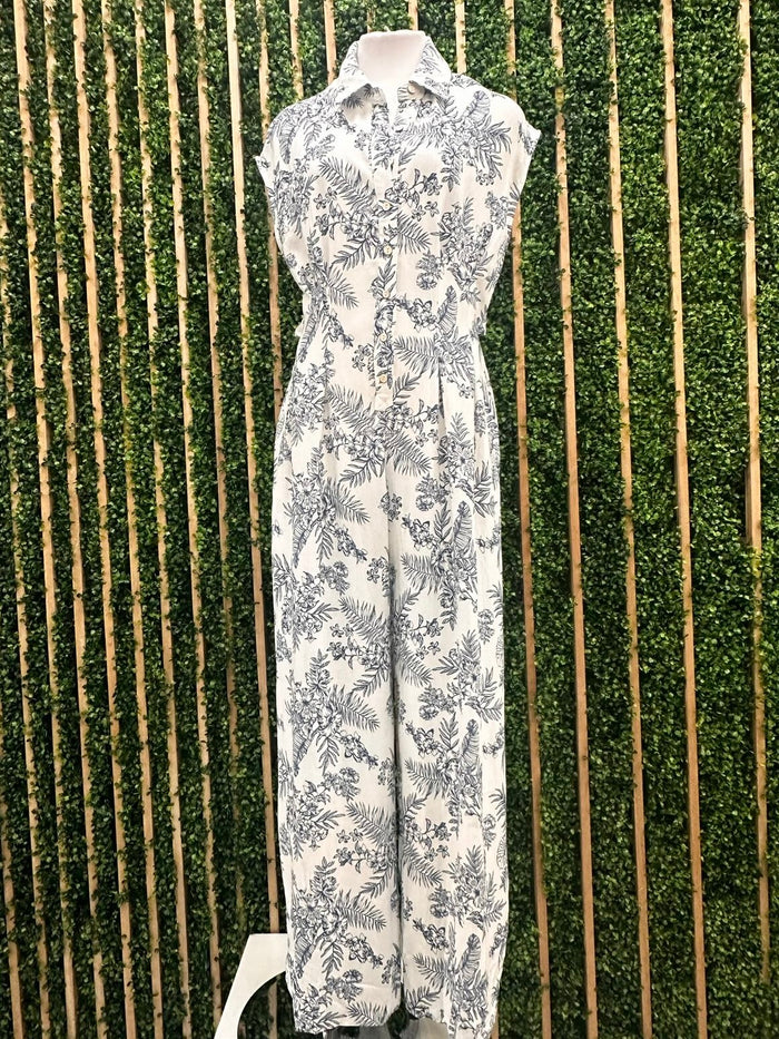 Blue Print Cutout Back Jumpsuit