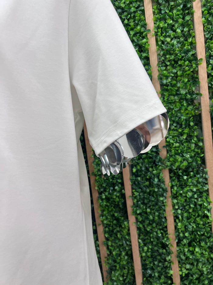 White Slim Oversized Sequin Sleeve Trim Tee