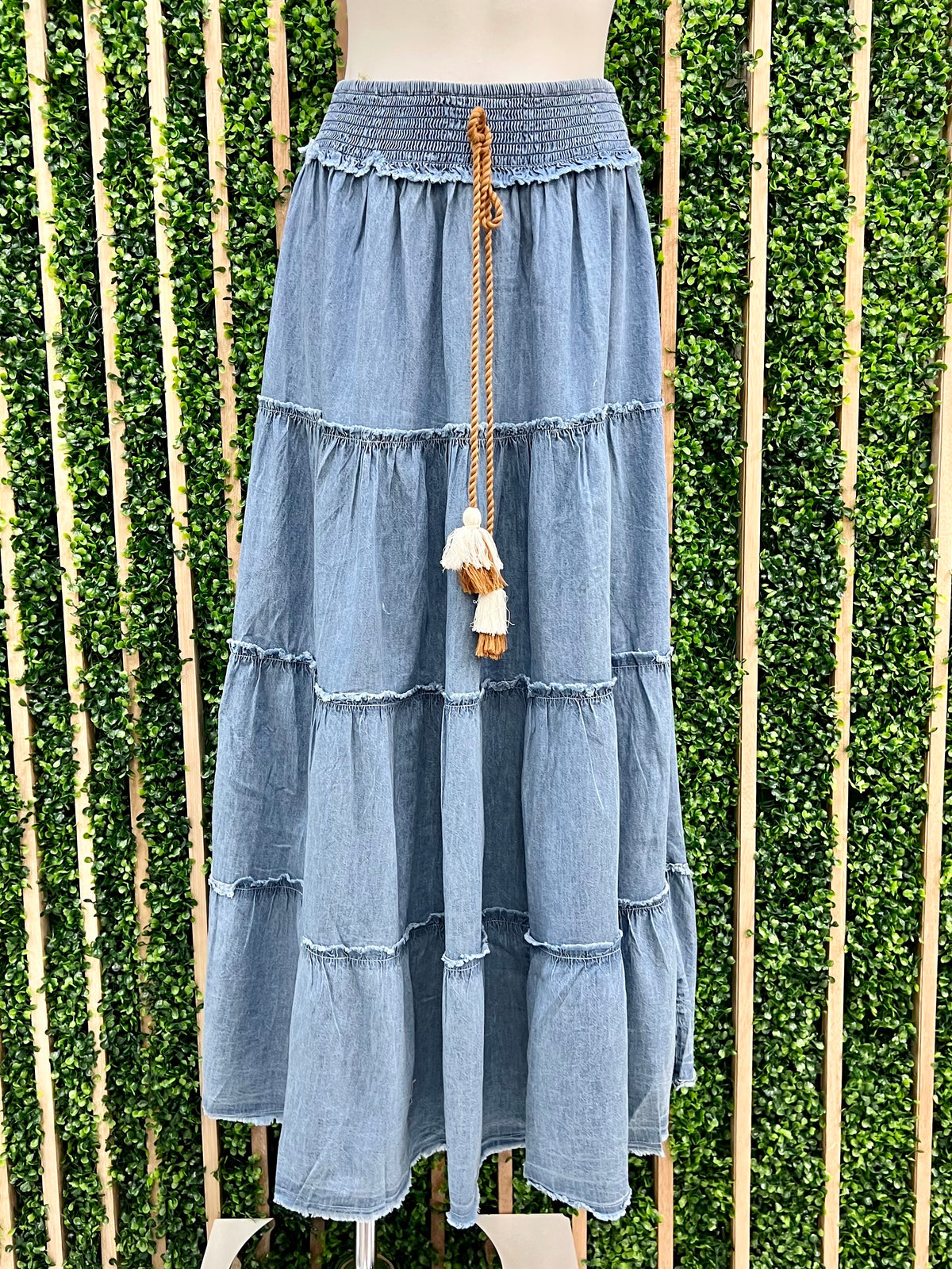 Denim Embroidered Tiered Skirt
