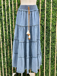 Denim Embroidered Tiered Skirt