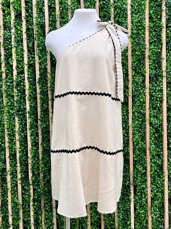 Oatmeal Trim Detail One Shoulder Dress