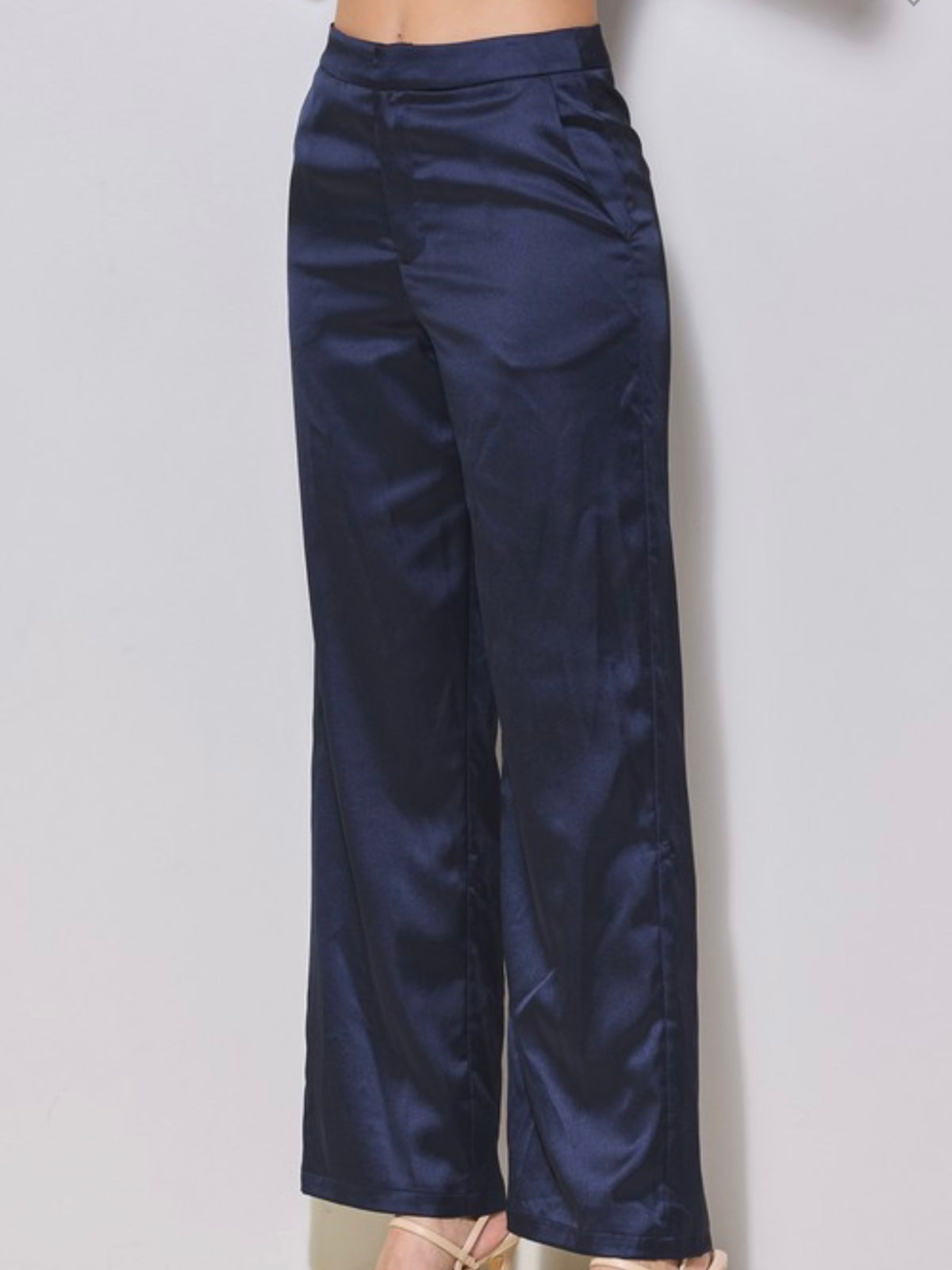 Beautiful Navy Satin Straight Leg Pant