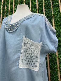 Lace Pearl Detail Denim Blouse