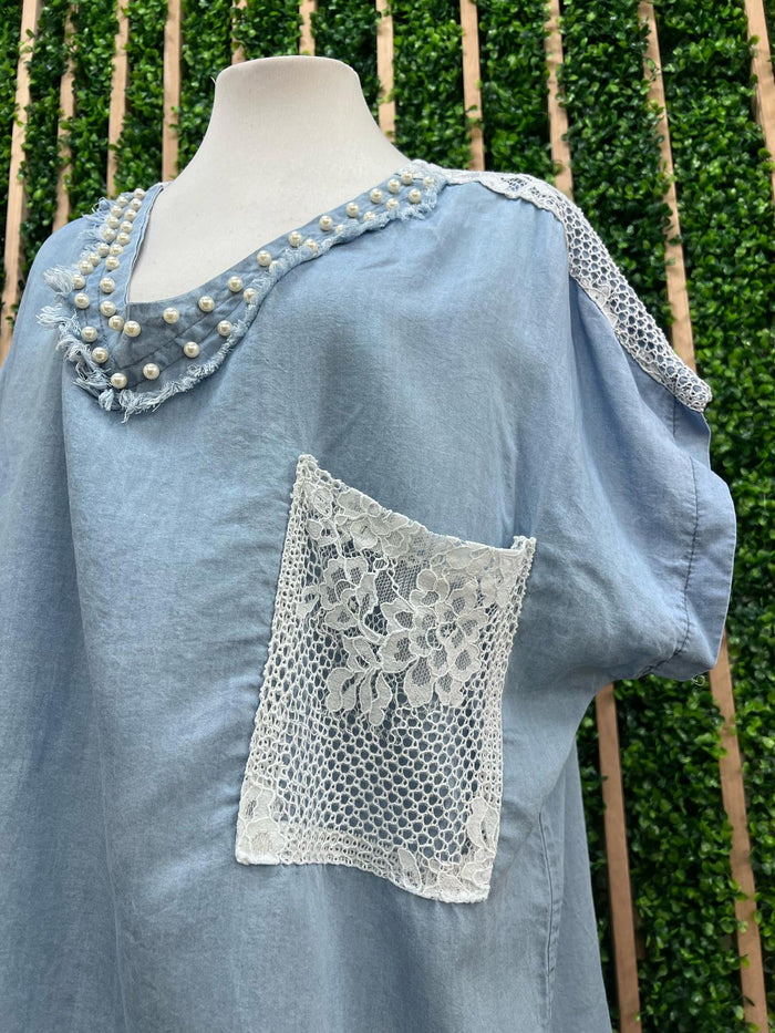 Lace Pearl Detail Denim Blouse