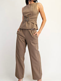 Mocha Buckle Trim Ruched Sleeveless Top