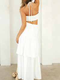 Beautiful White Gold Detail Cutout Halter Maxi Dress