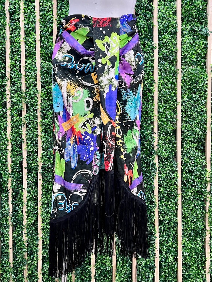 Black Print Fringe Midi Skirt