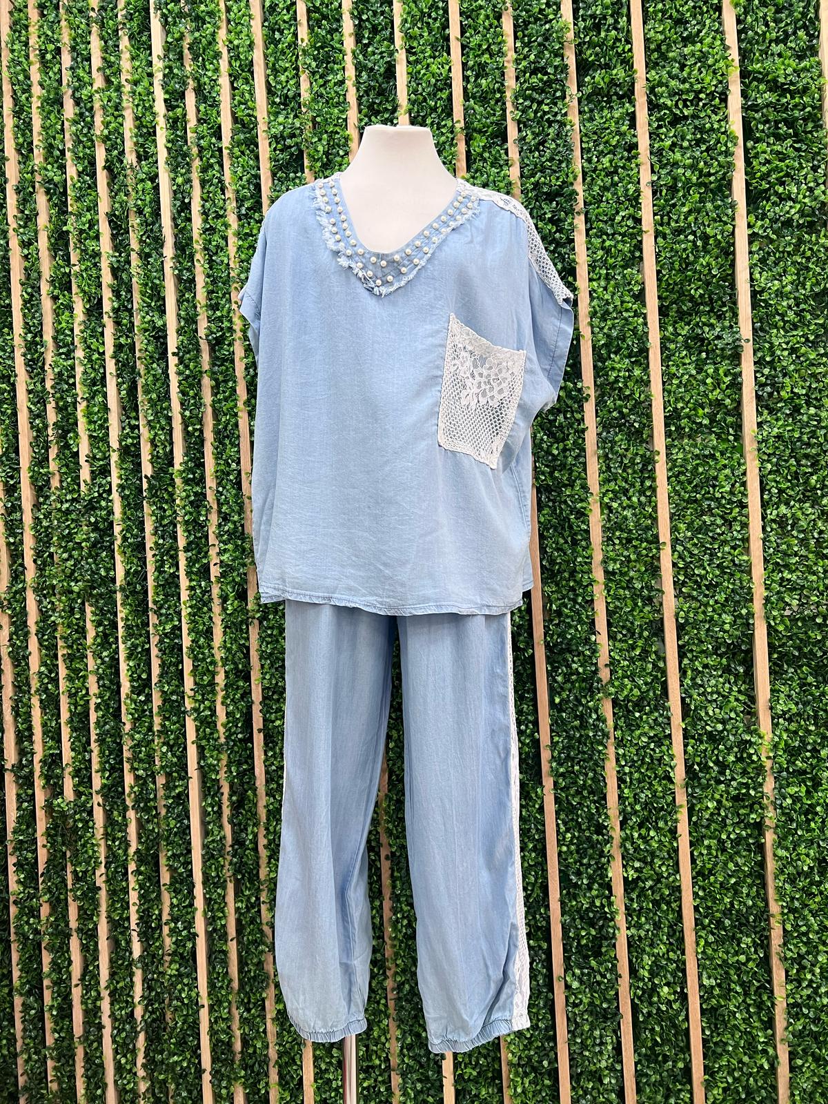 Lace Pearl Detail Denim Blouse