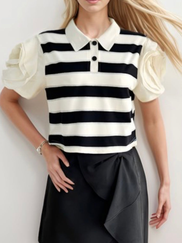 Black White Flower Sleeve Polo Top