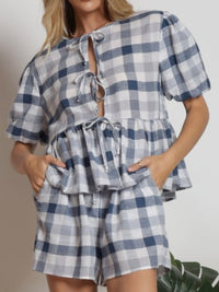 Blue Checker Front Bow Tie Short Pant Set