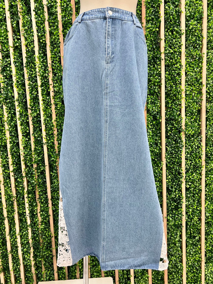 Side Lace Panel Denim Maxi Skirt