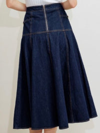 Buckle Detail Fitted Dark Denim Midi Skirt