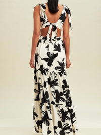 Ivory Black Strokes Shoulder Tie Cutout Maxi