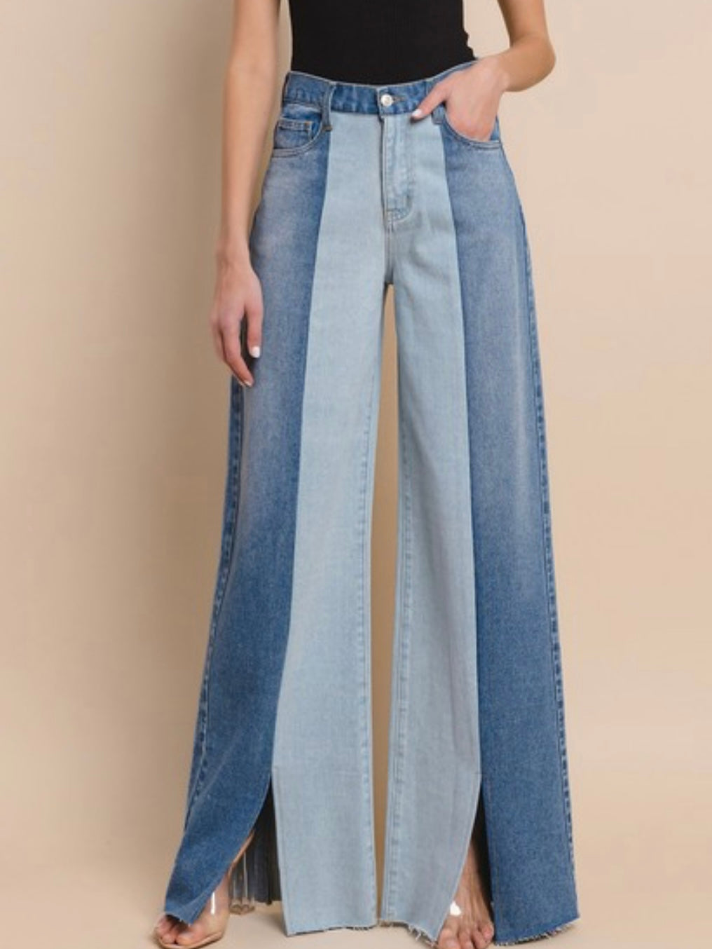 Contrast Side Panel Wide Leg Denimff
