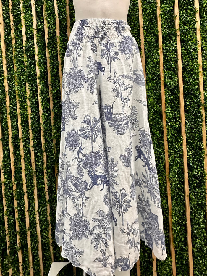 Blue White Zimm Print Wide Leg Linen Pant