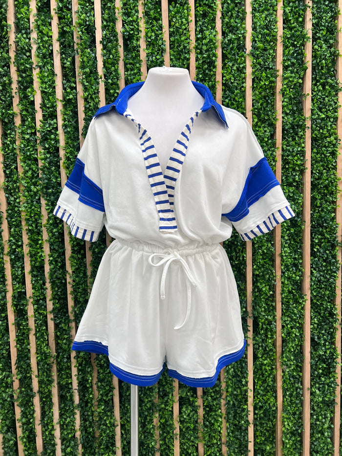 White Blue Striped Polo Romper