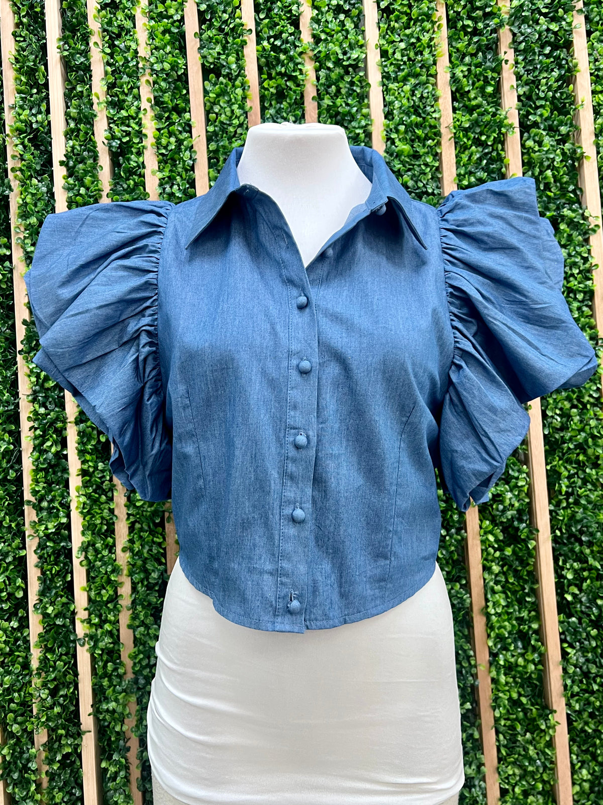 Ruffled Sleeve Crop Denim Blouse