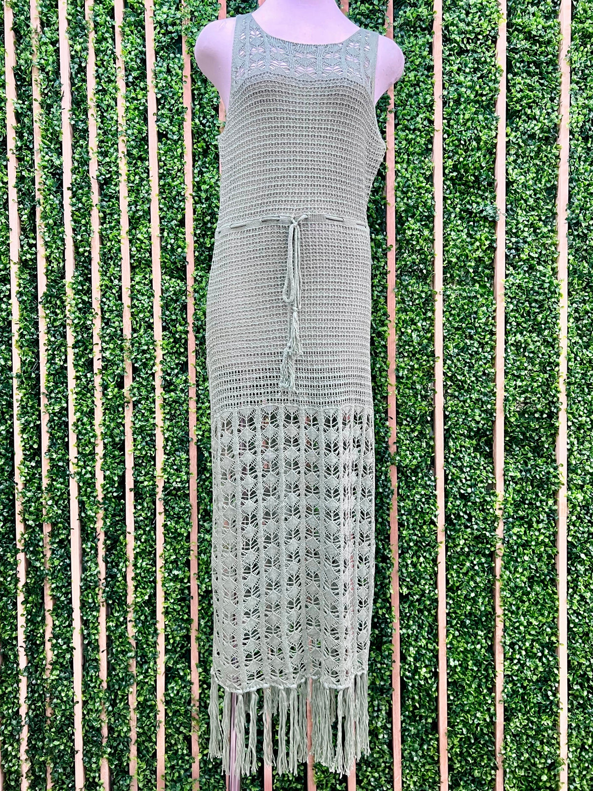 Sage Fringe Detail Knit Maxi Dress