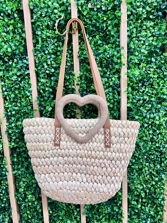 Beautiful Heart Handle Raffia Hobo Bag