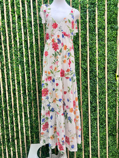 Floral Printed Perforated Tiered Maxi