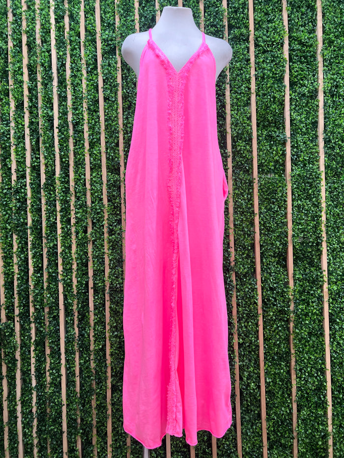 Front Tassel Trim Fluorescent Maxi Dress