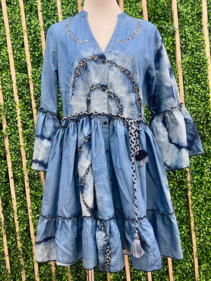 Exquisite Denim Sequin Detail Short Dress