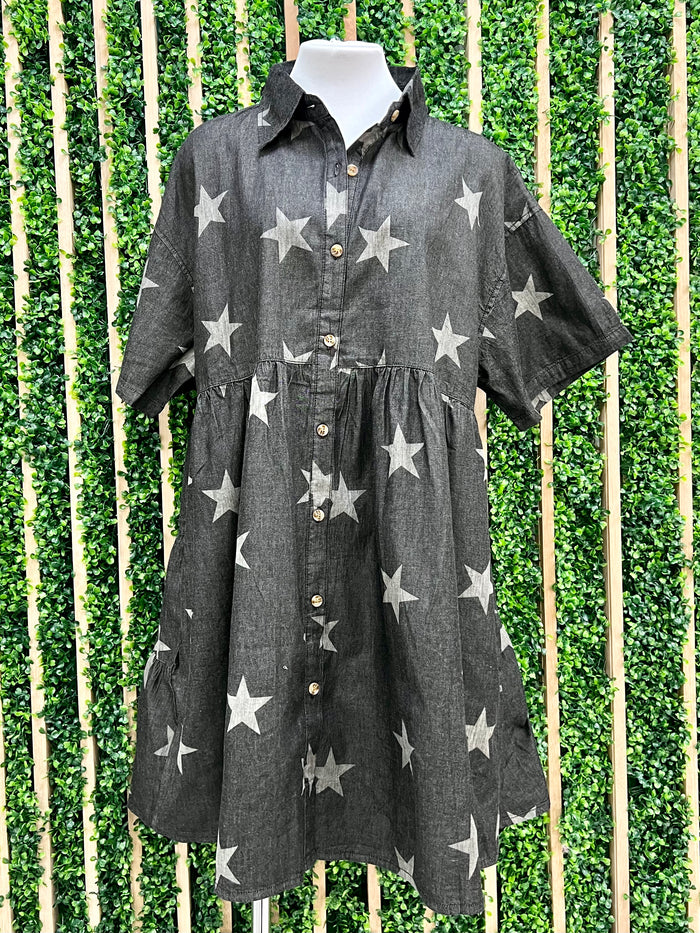 Black Denim Star Tiered Short Dress